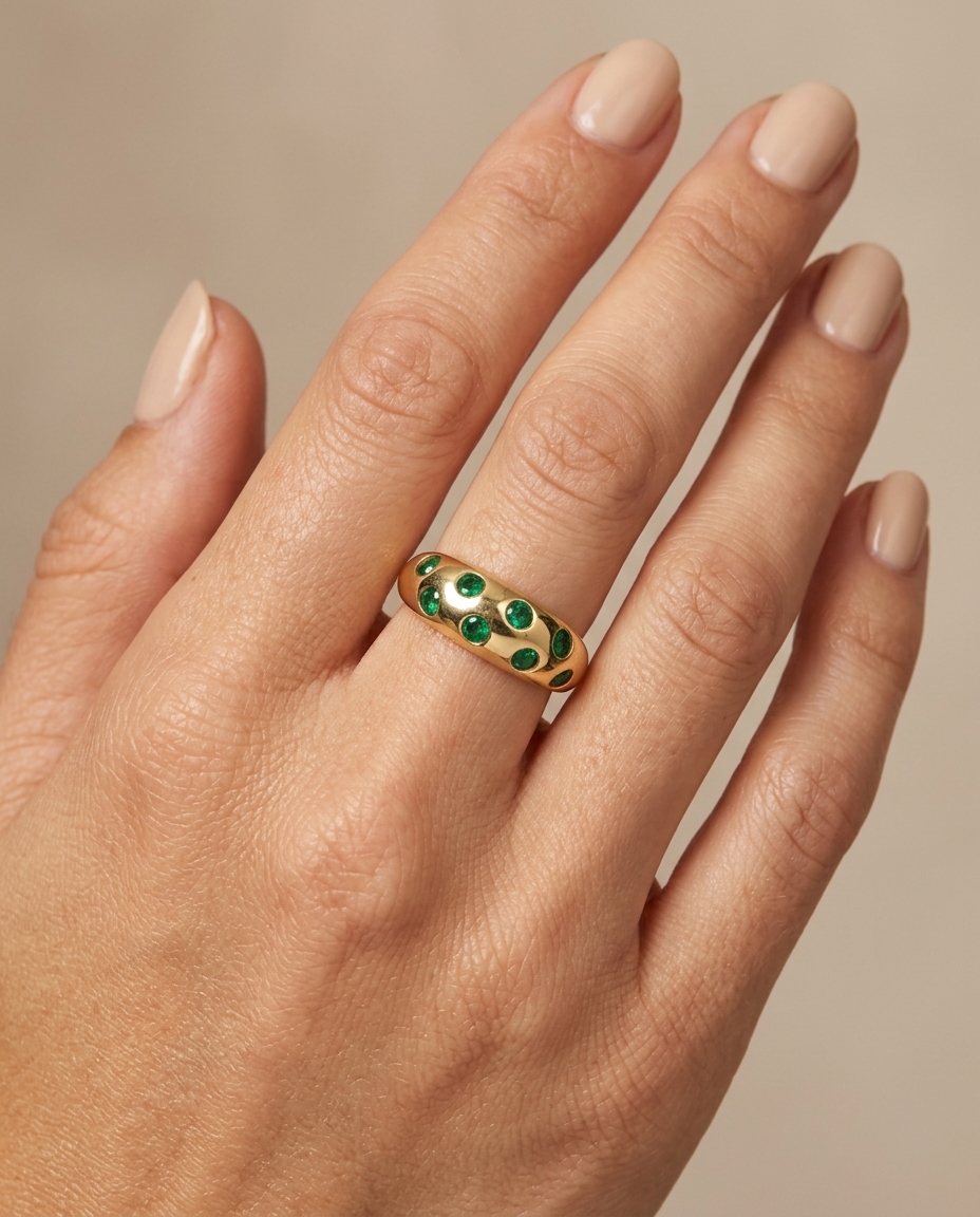 14KT Yellow Gold Emerald Donut Ring on model