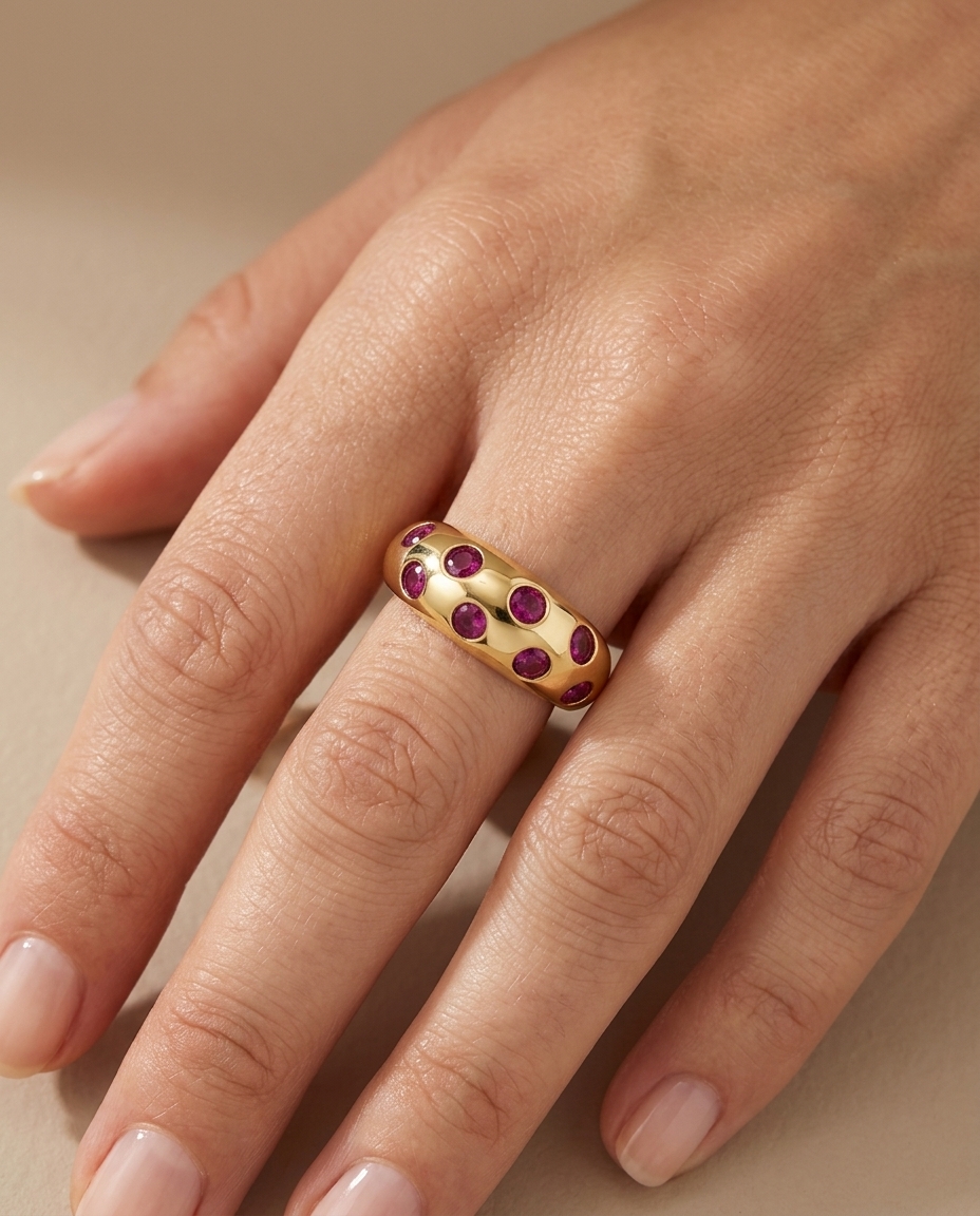 14KT Yellow Gold Ruby Donut Ring on model