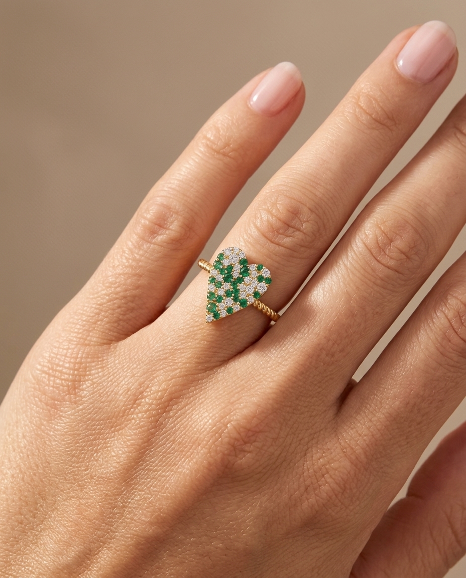 14KT Yellow Gold Emerald and Diamonds Heart Ring on model
