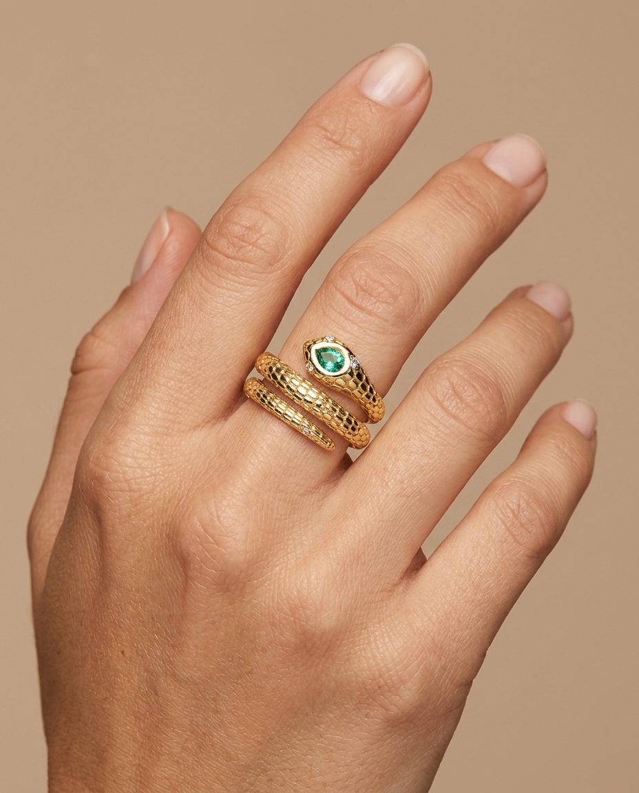 14KT Yellow Gold Snake Ring with Emerald and Diamonds view 2