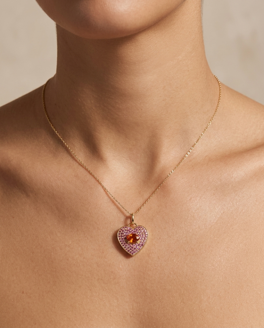 14KT Yellow Gold Pink and Orange Sapphire Heart Pendant view 2