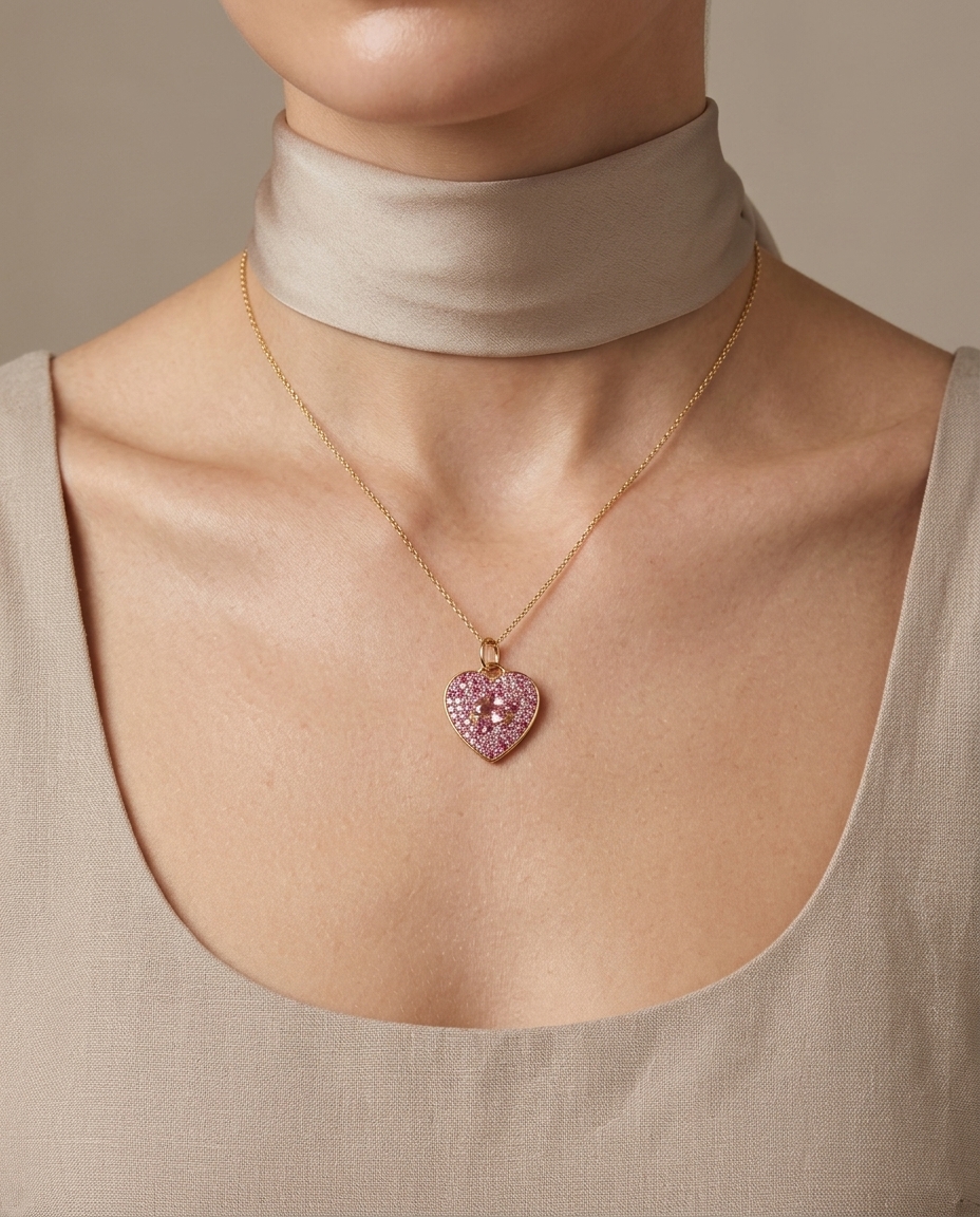 14KT Yellow Gold Pink Sapphire Heart Pendant on model