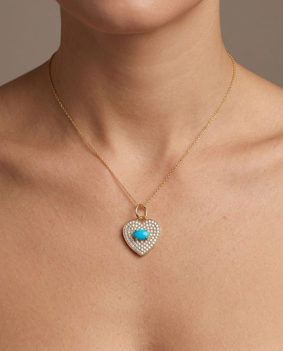 14KT Yellow Gold Heart Pendant with Turquoise and Diamonds on model