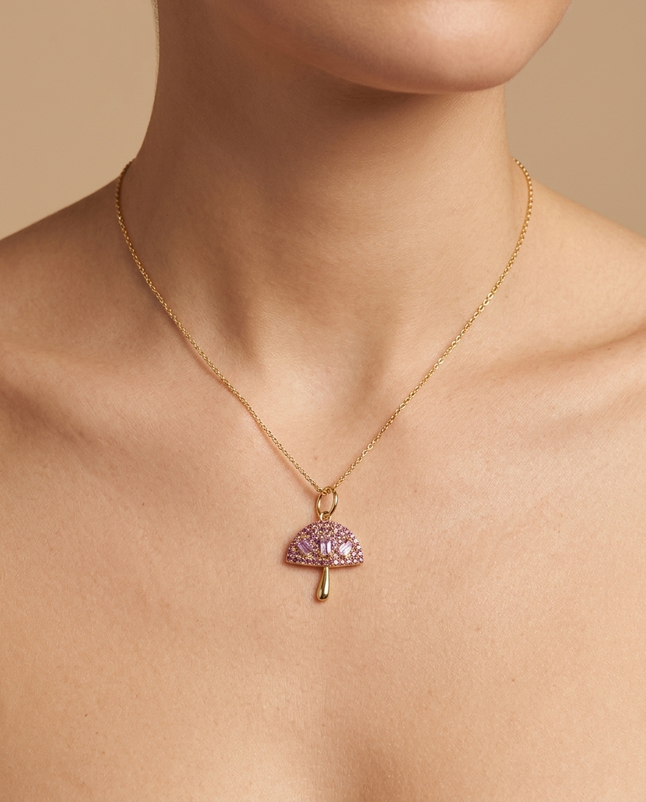 14KT Yellow Gold Mushroom Pendant with Pink Sapphire on model