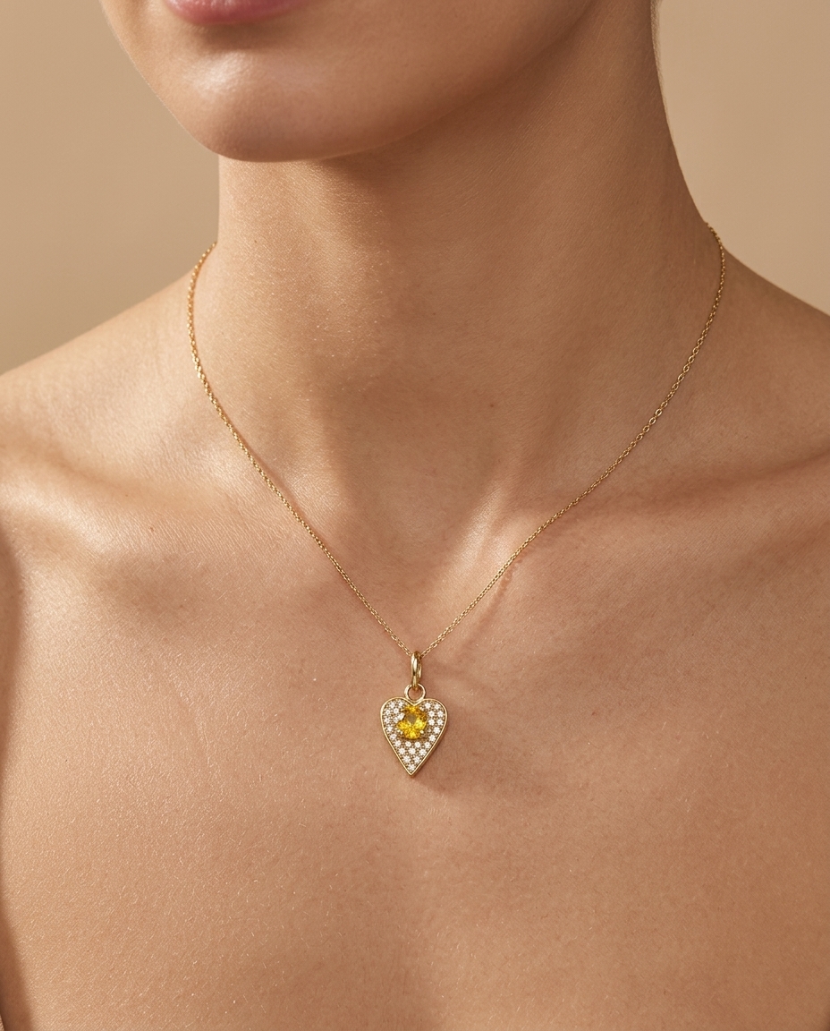 14KT Yellow Gold Heart Pendant with Yellow Sapphire and Diamonds on model