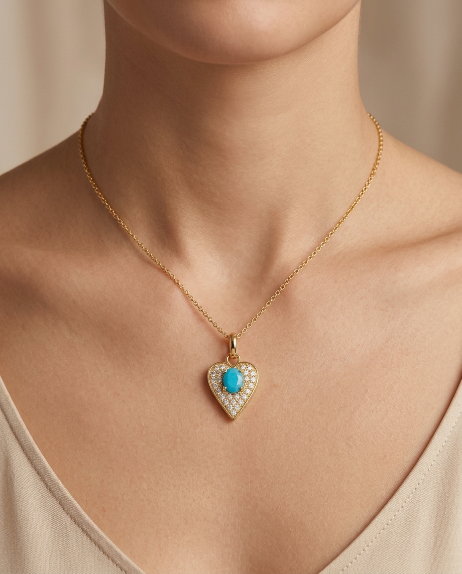 14KT Yellow Gold Heart Pendant with Tourquoise and Diamonds view 2