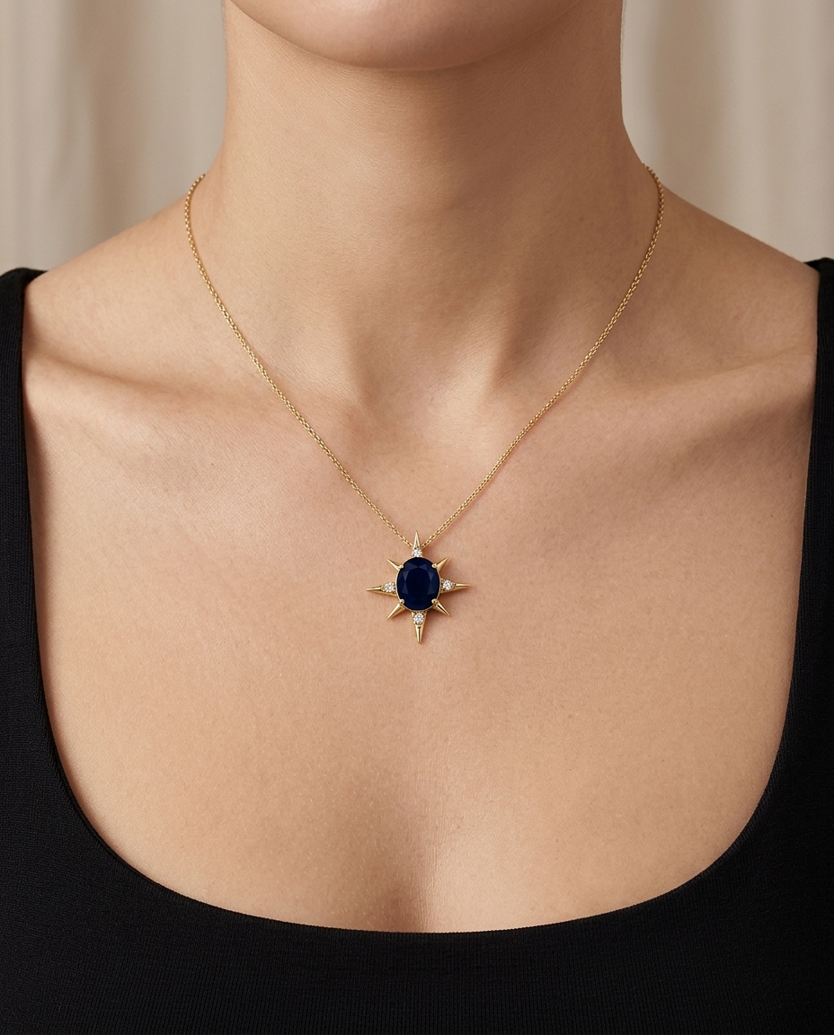 14KT Yellow Gold Diamonds and Blue Sapphire Compass Pendant view 2
