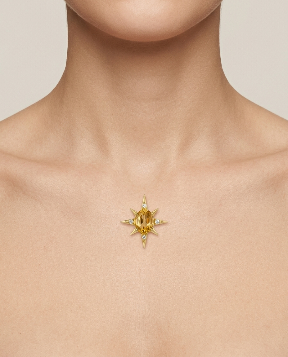 14KT Yellow Gold Diamonds and Orange Sapphire Compass Pendant view 2