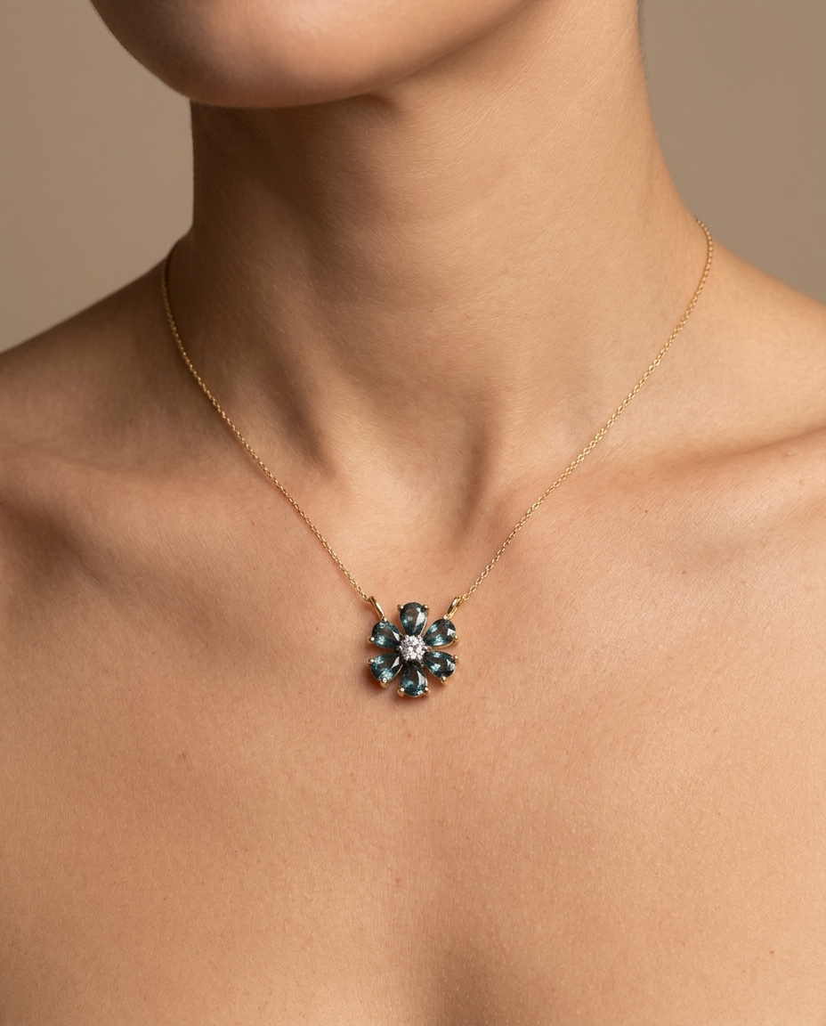14KT Yellow Gold Blue Sapphire and Diamond Pendant on model