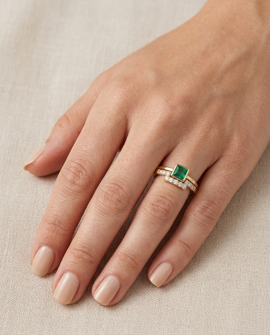 14KT Yellow Gold Emerald and Diamonds Ring view 2