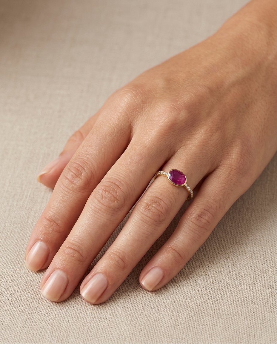 14KT Yellow Gold Ruby and Diamonds Ring on model
