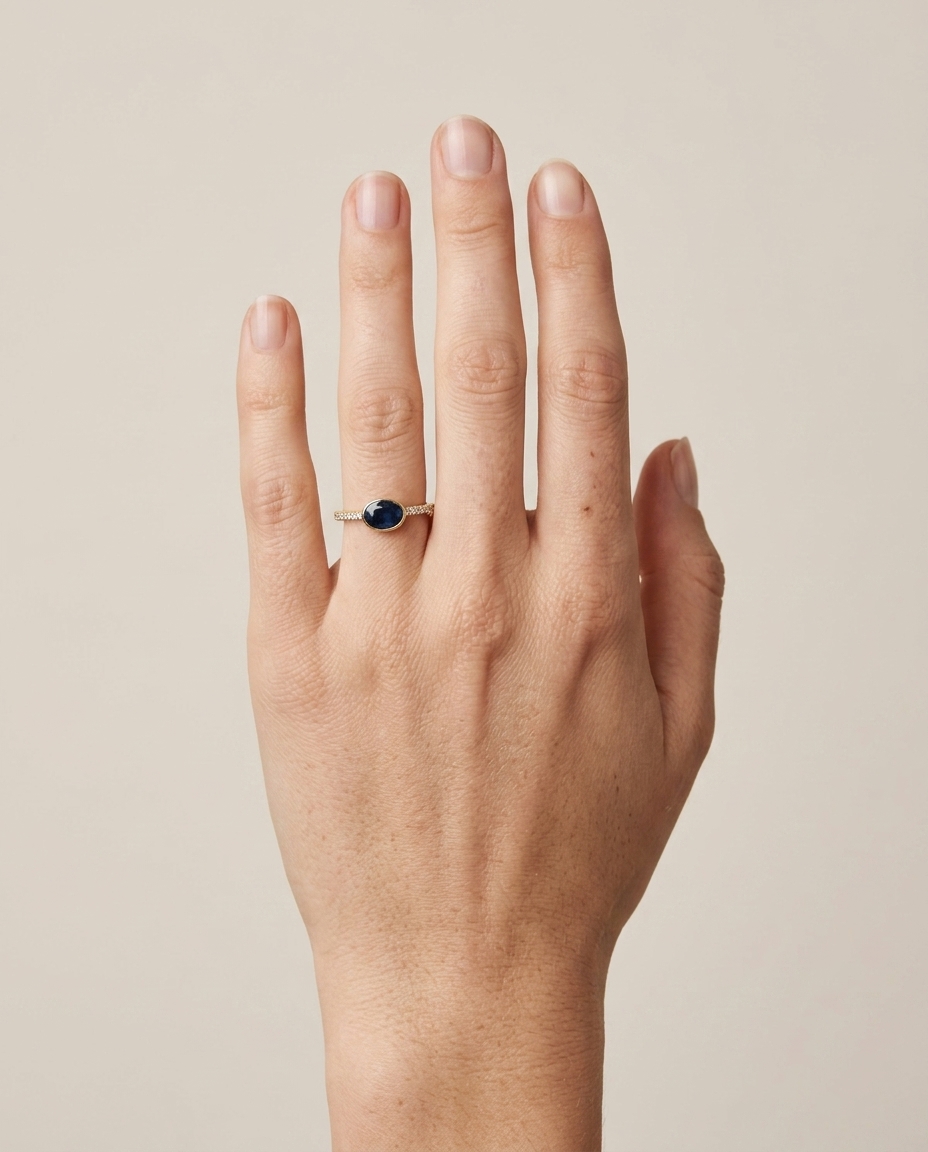 14KT Yellow Gold Sapphire and Diamonds Ring on model