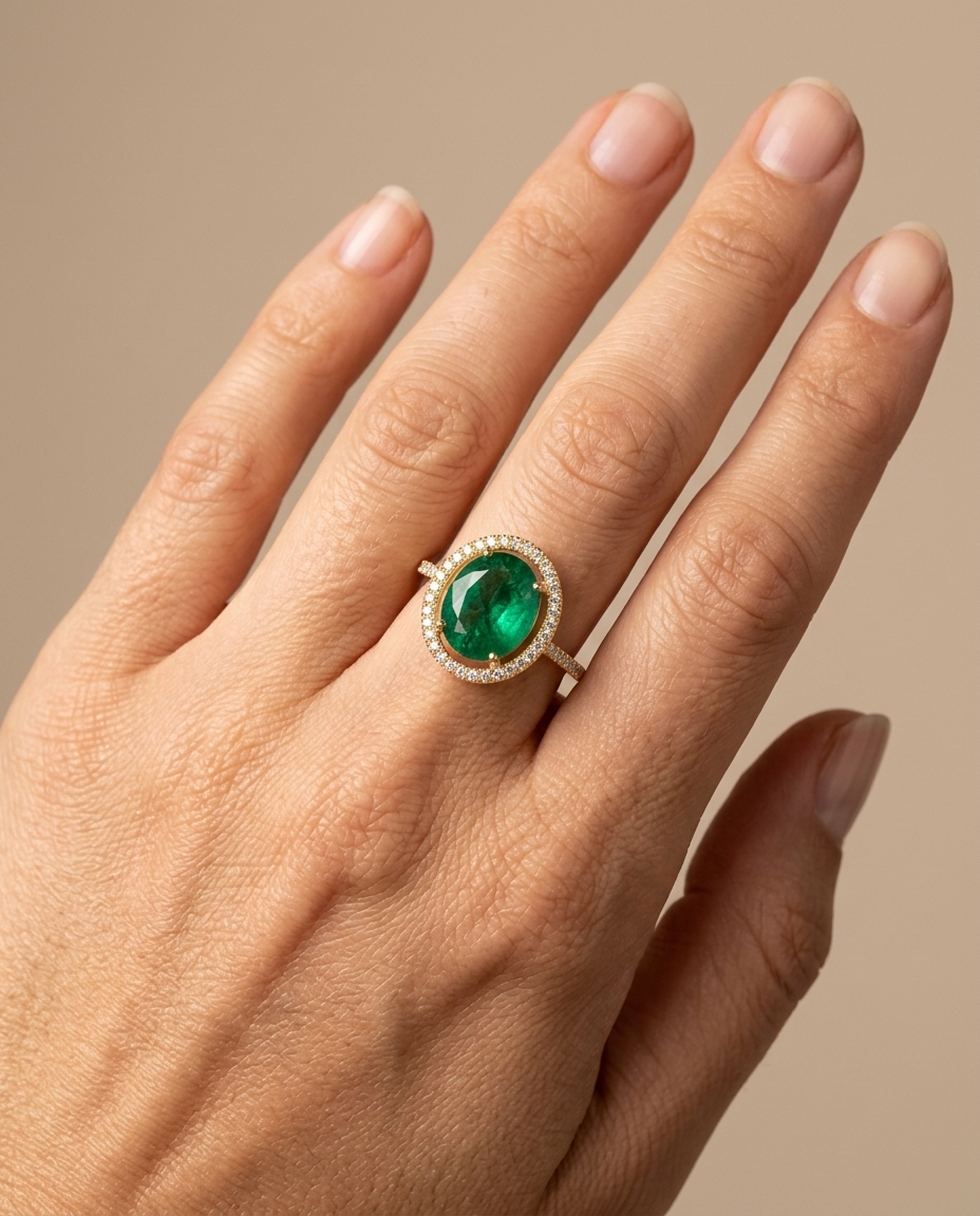 14KT Yellow Gold Emerald and Diamonds Ring view 2
