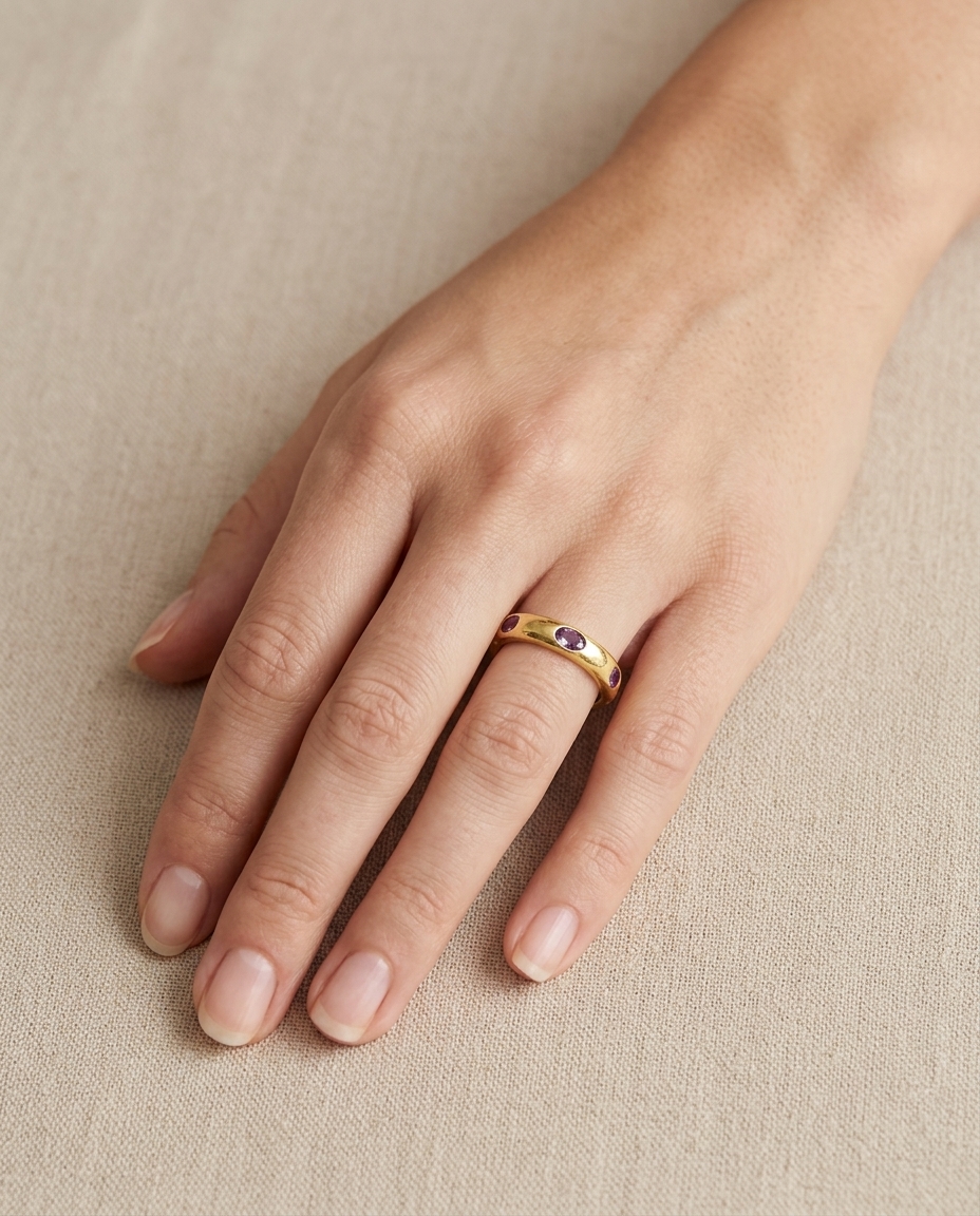 14KT Yellow Gold Oval Pink Sapphire Donut Ring on model