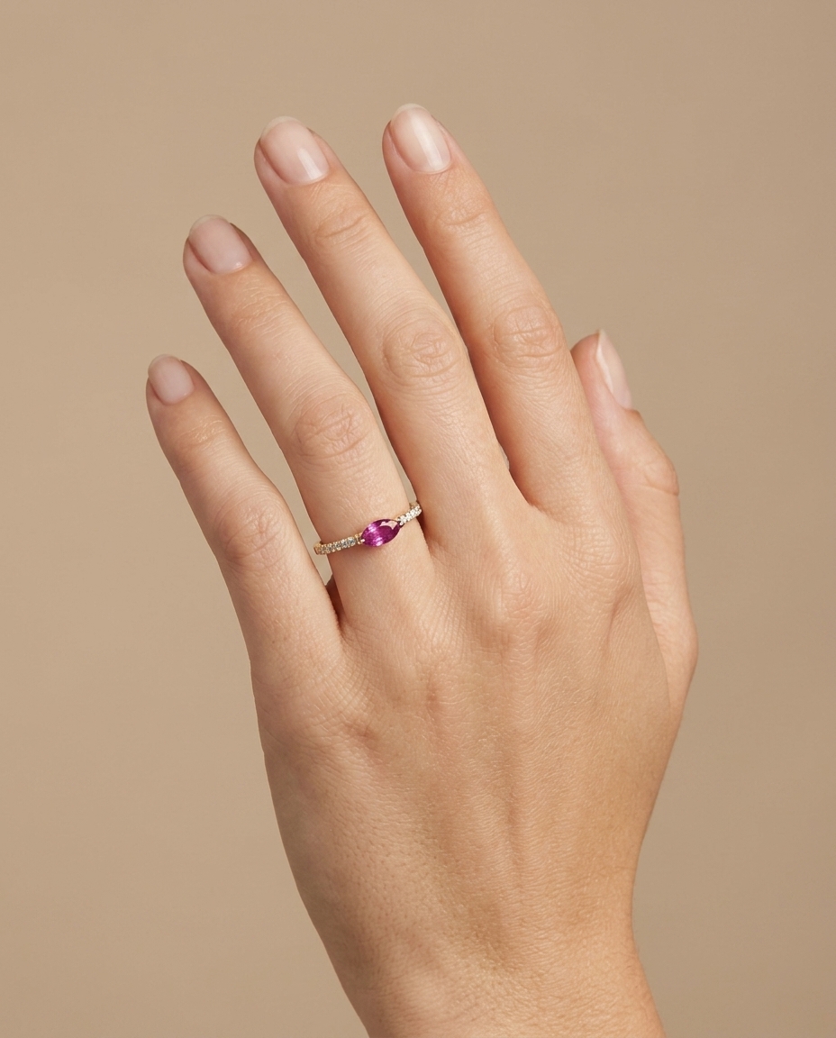 14KT Yellow Gold Pink Sapphire and Diamonds Ring on model