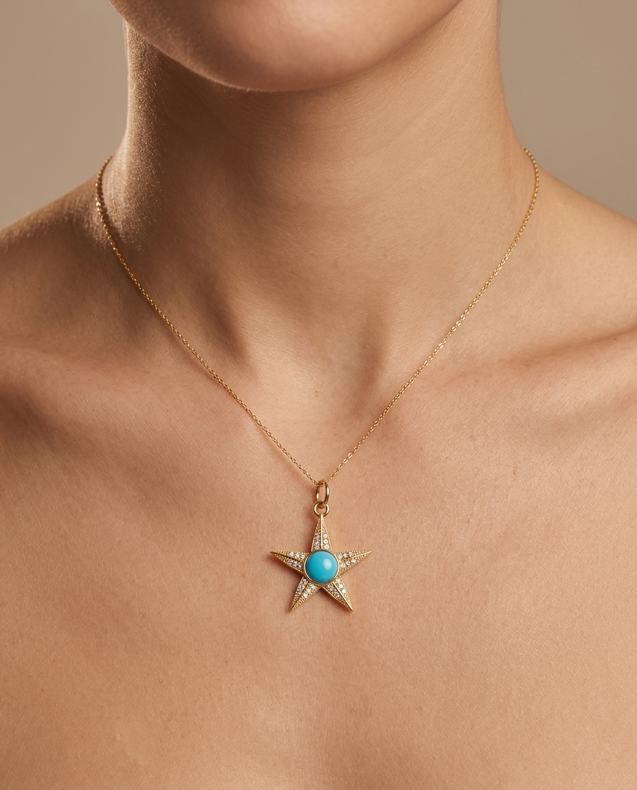 14KT Yellow Gold Turquoise Star Pendant with Diamonds view 2