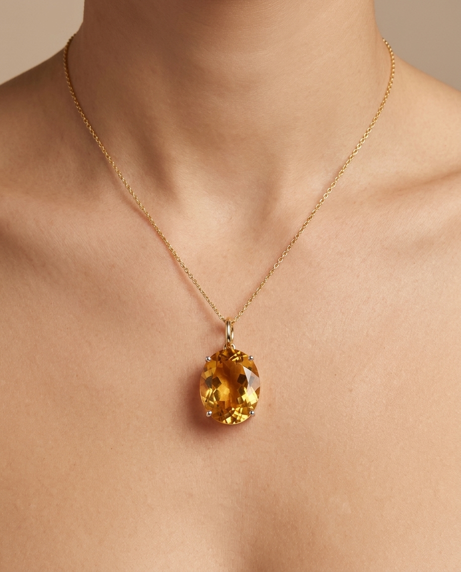 14KT Yellow Gold Oval Citrine Pendant on model