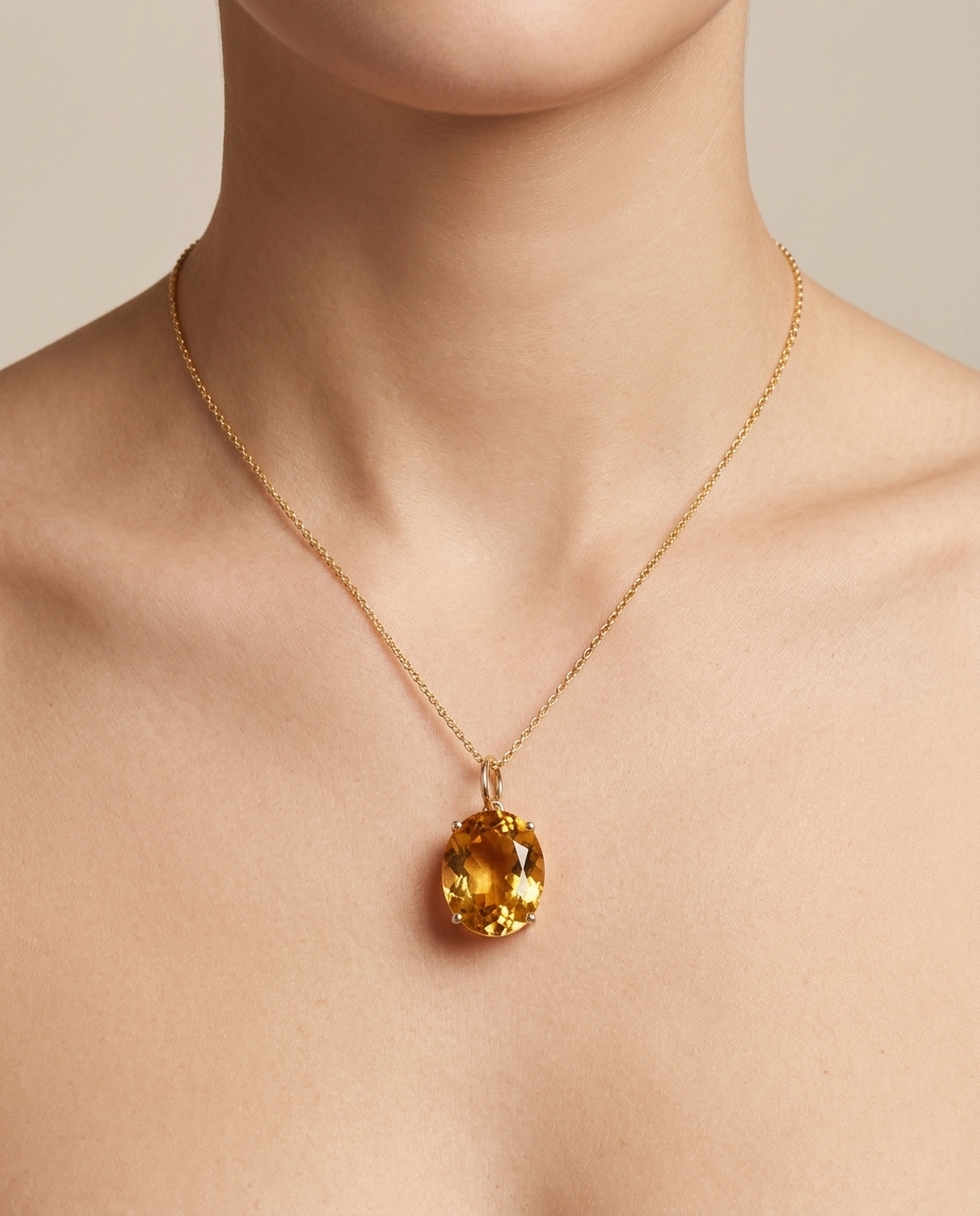 14KT Yellow Gold Oval Citrine Pendant on model