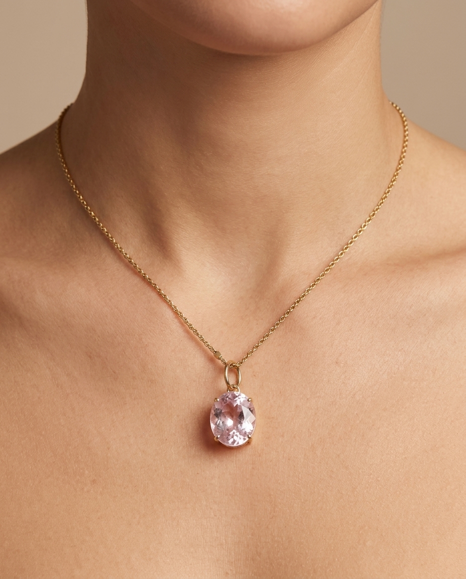 14KT Yellow Gold Kunzite Oval Pendant on model