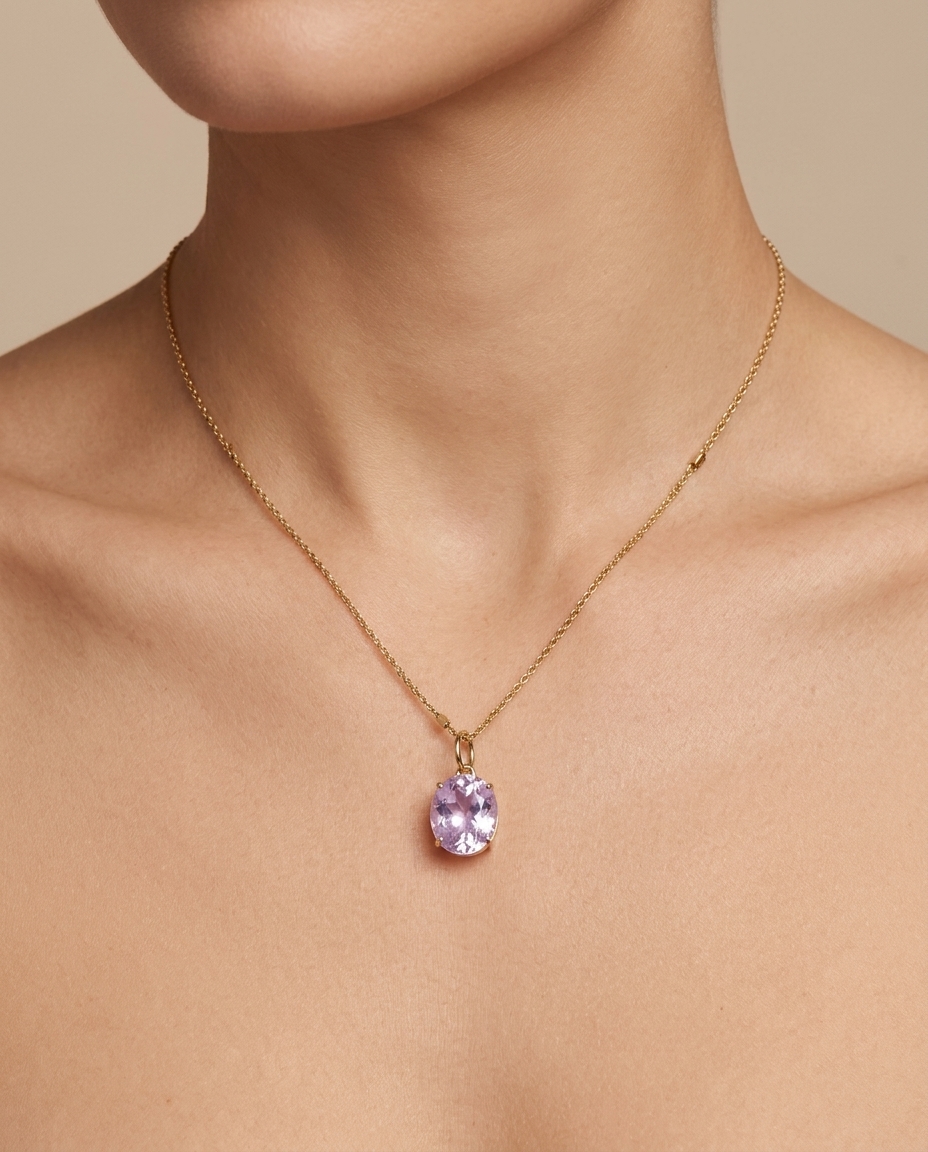 14KT Yellow Gold Kunzite Oval Pendant on model