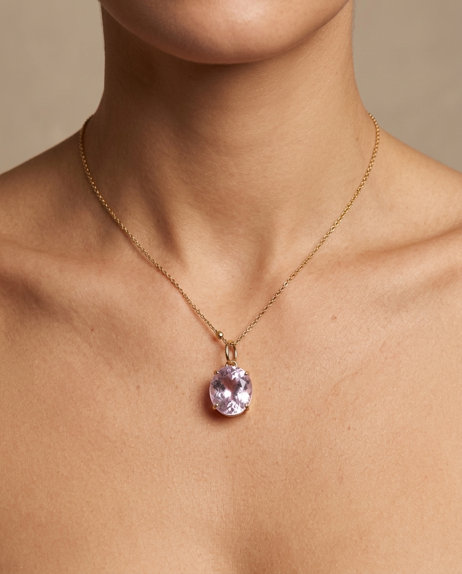 14KT Yellow Gold Kunzite Oval Pendant on model
