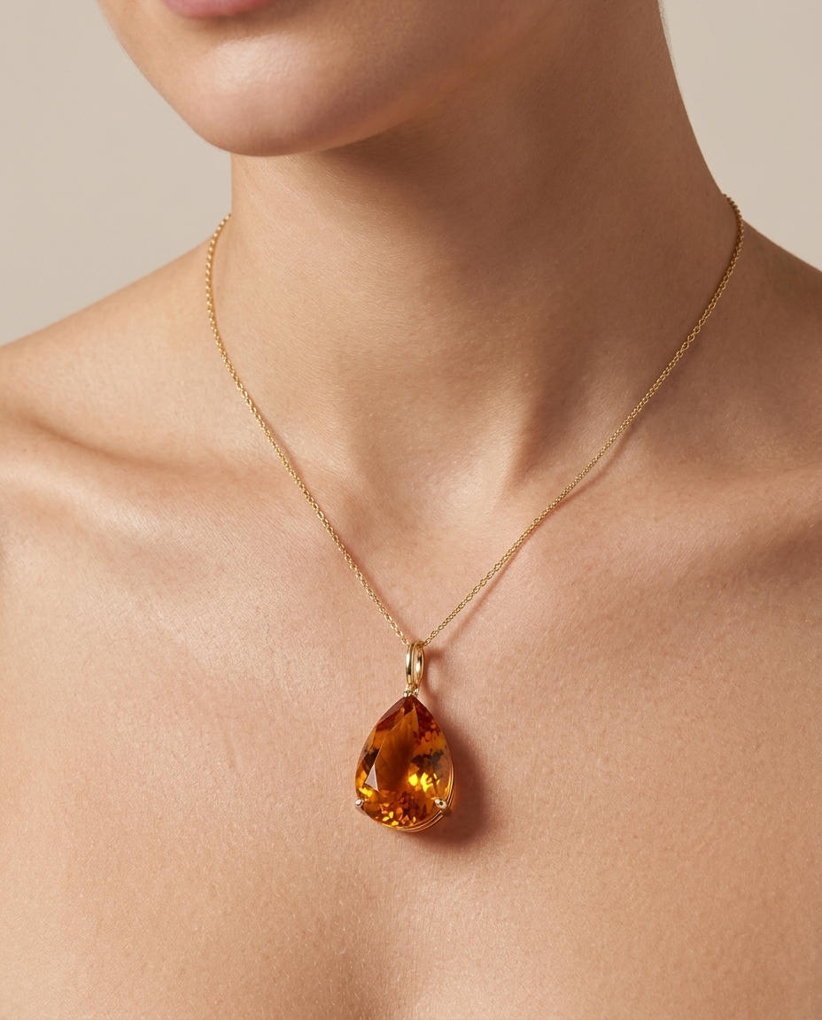 14KT Yellow Gold Citrine Pear Shape Pendant on model