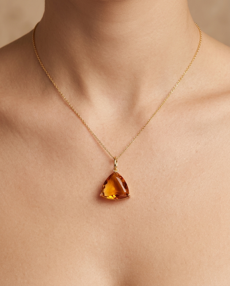 14KT Gold Citrine Triangle Pendant on model