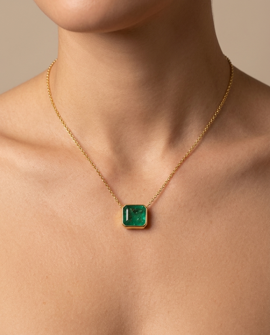 14KT Yellow Gold Emerald Necklace view 2