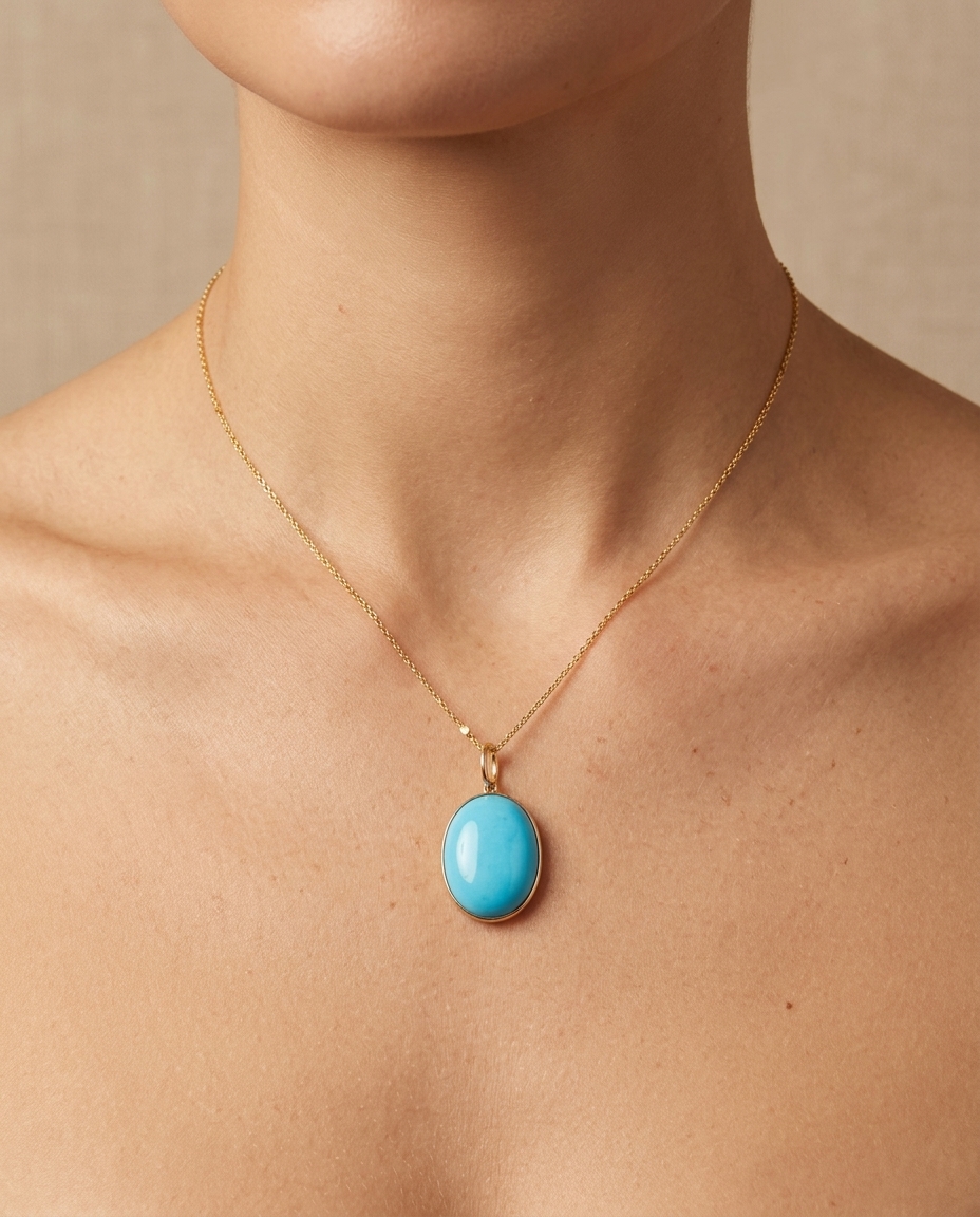 14KT Yellow Gold Turquoise Oval Pendant view 2