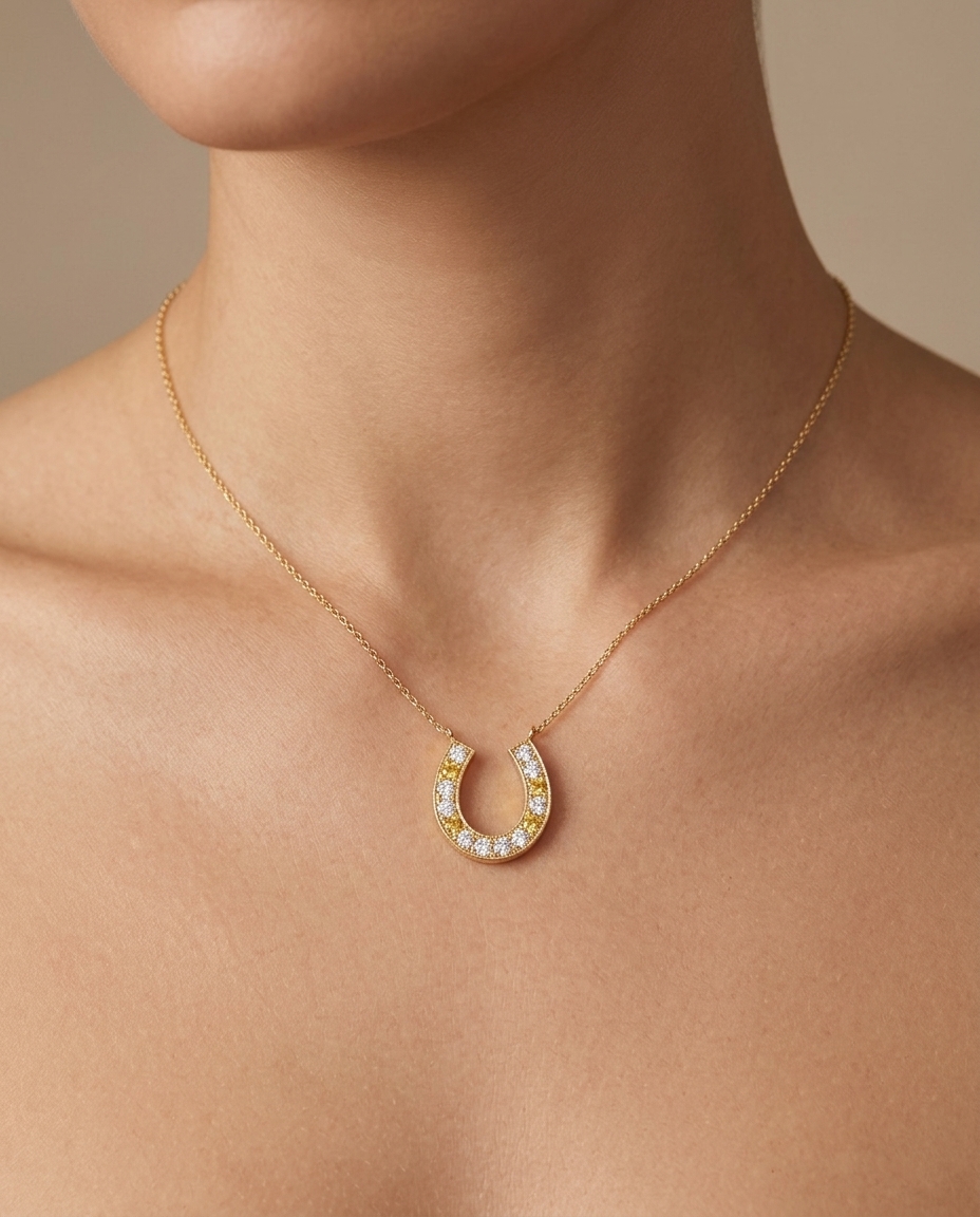 14KT Yellow Gold Diamond Horseshoe Pendant on model