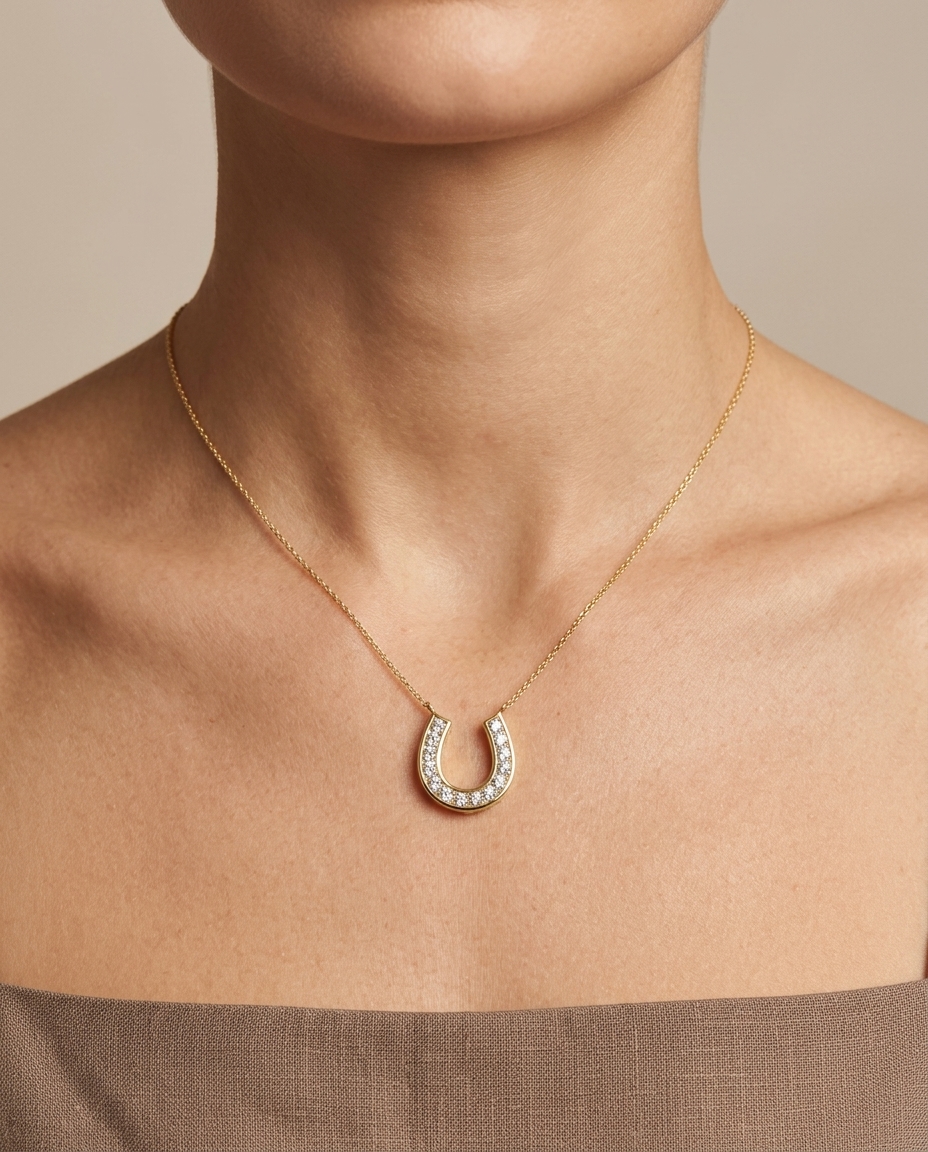 14KT Yellow Gold Diamond Horseshoe Pendant on model
