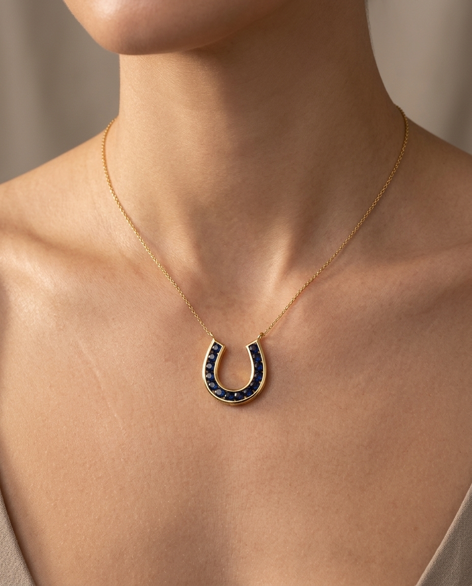 14KT Yellow Gold Blue Sapphire Horseshoe Pendent on model