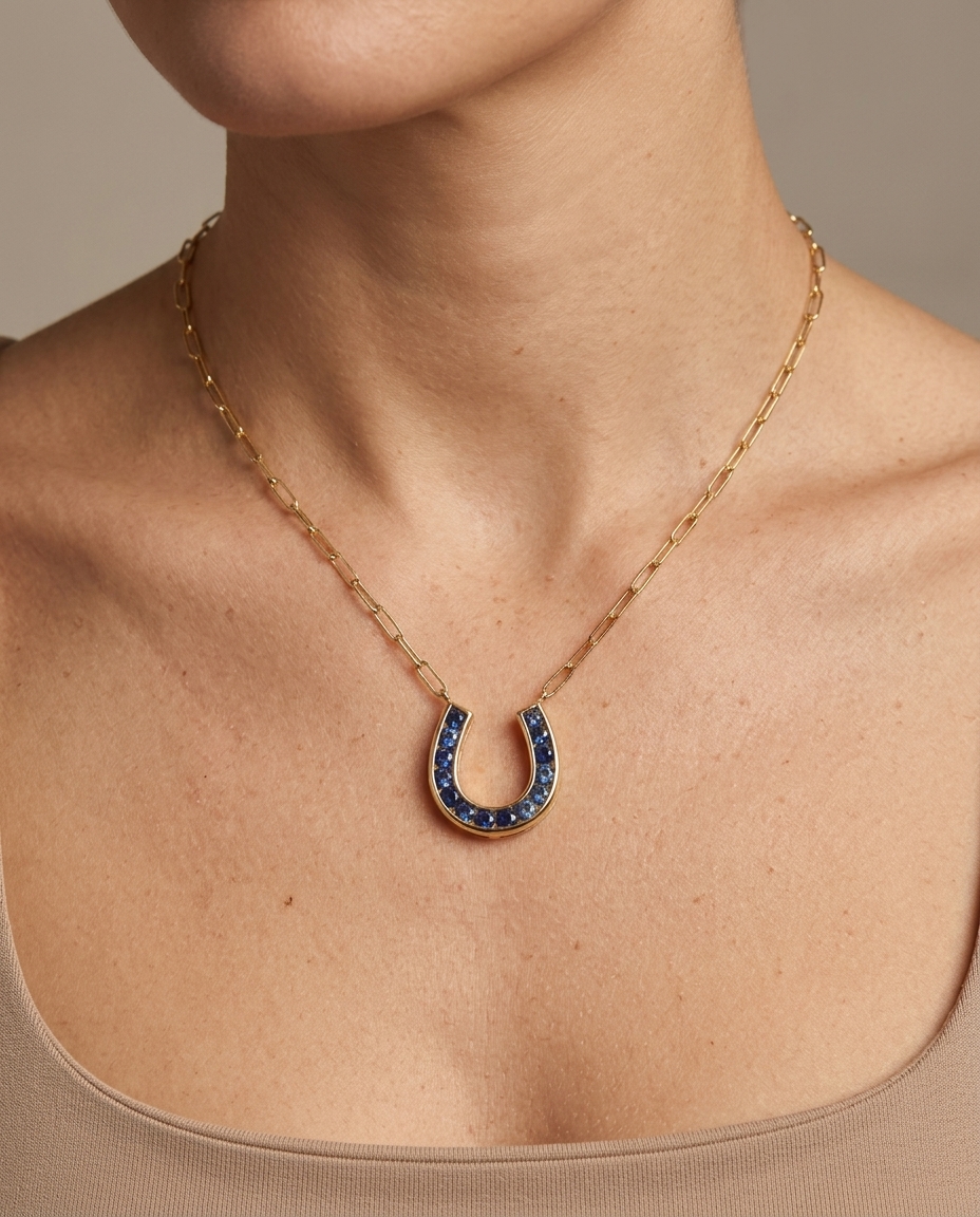 14KT Yellow Gold Blue Sapphire Horseshoe Necklace on model