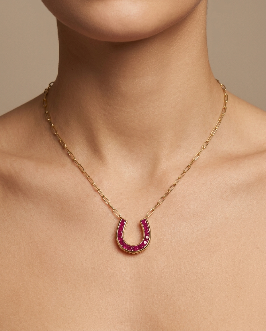 14KT Yellow Gold Ruby Horseshoe Necklace on model