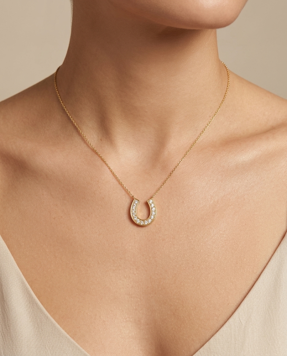 14KT Yellow Gold Diamond Horseshoe Pendant on model