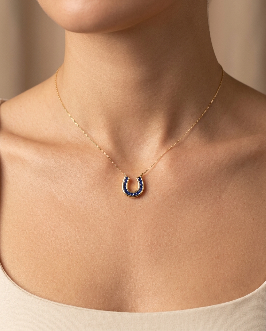 14KT Yellow Gold Blue Sapphire Horseshoe Pendant view 2