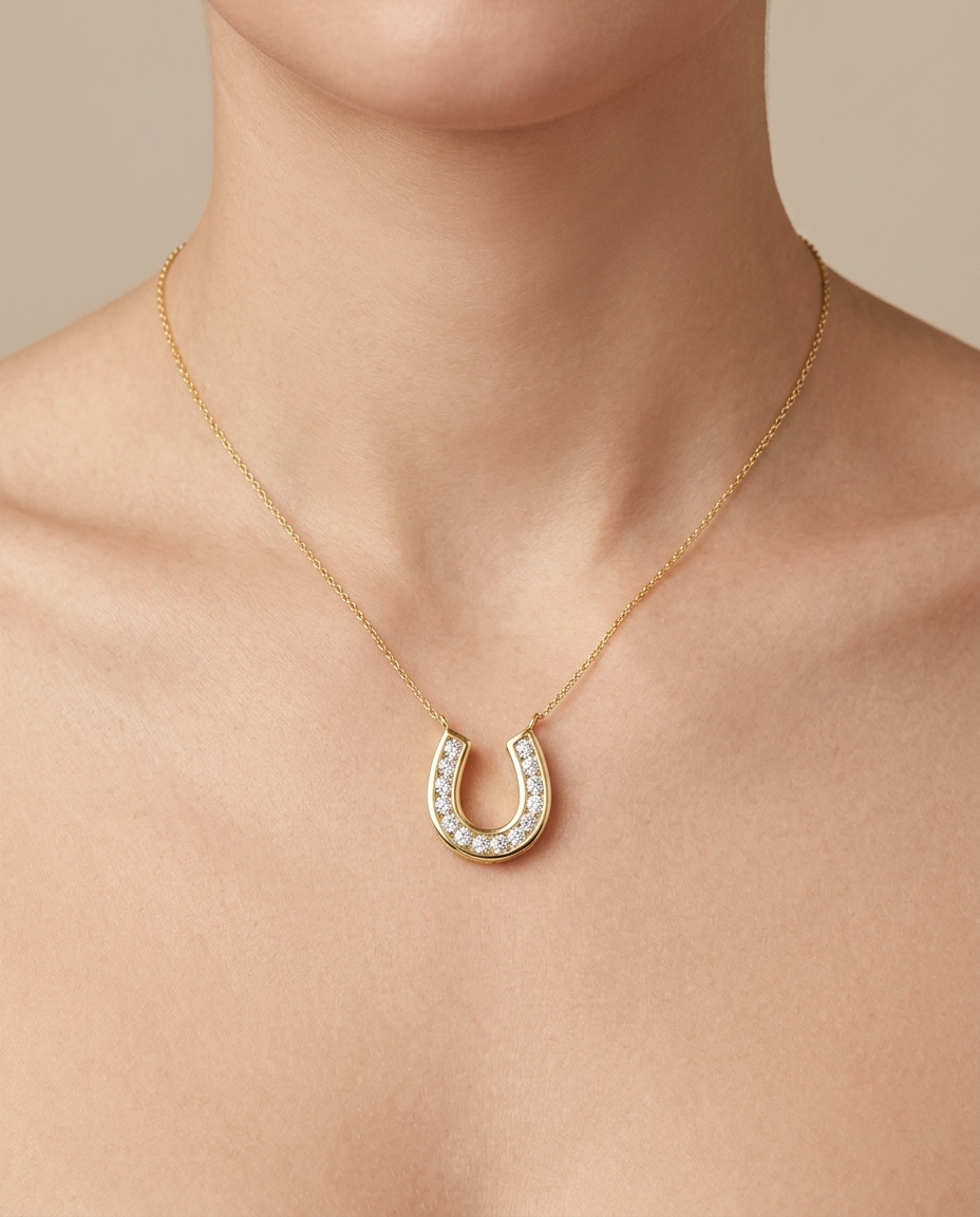 14KT Yellow Gold Horseshoe Pendant with Diamonds on model