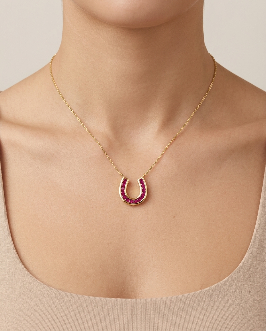 14KT Yellow Gold Ruby Horseshoe Pendant view 2