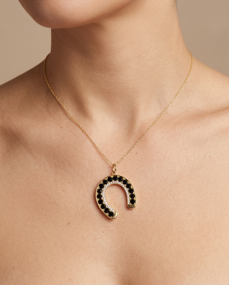 14KT Yellow Gold Black Diamond and Diamond Horseshoe Pendant on model