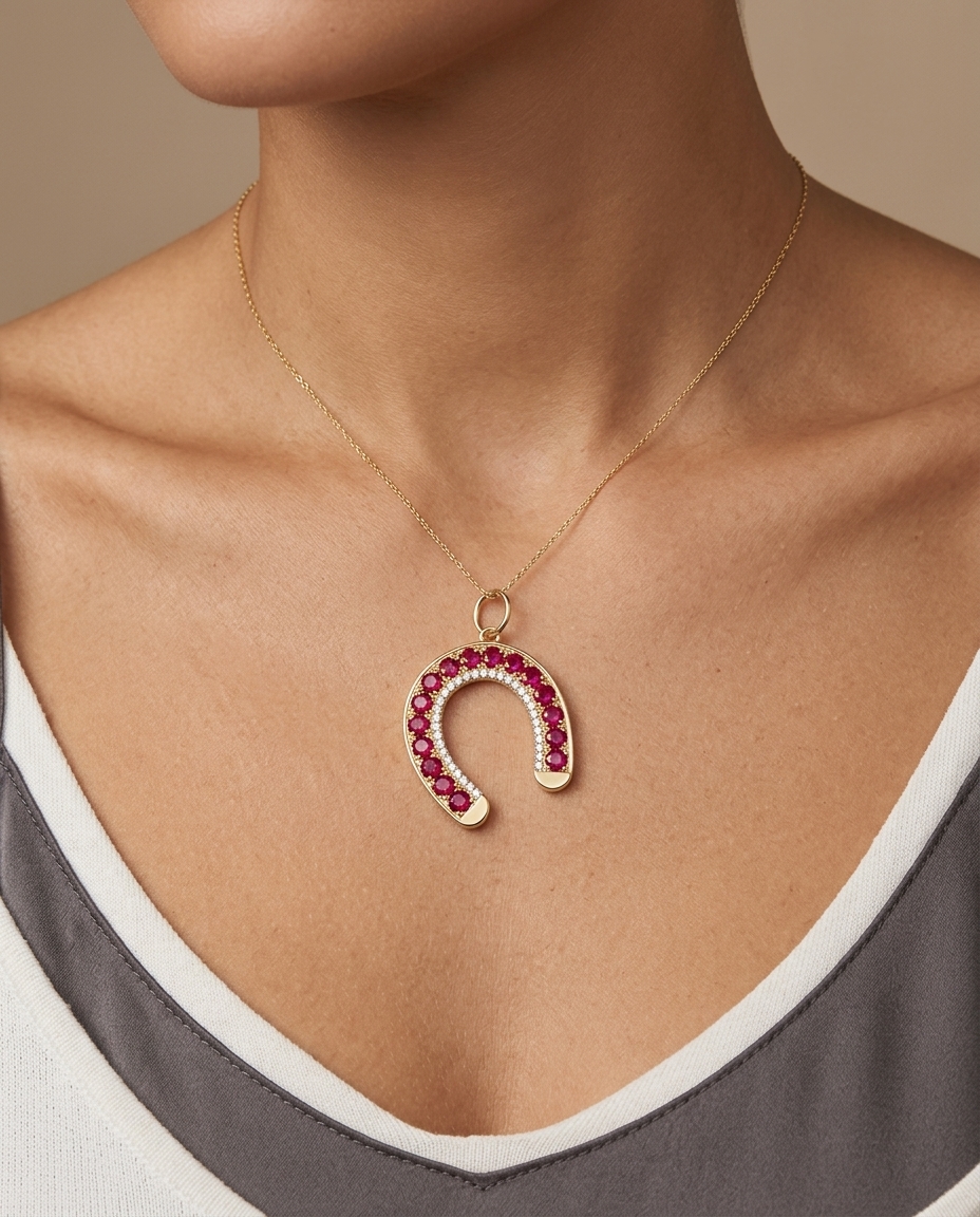 14KT Yellow Gold Ruby and Diamond Horseshoe Pendant view 2