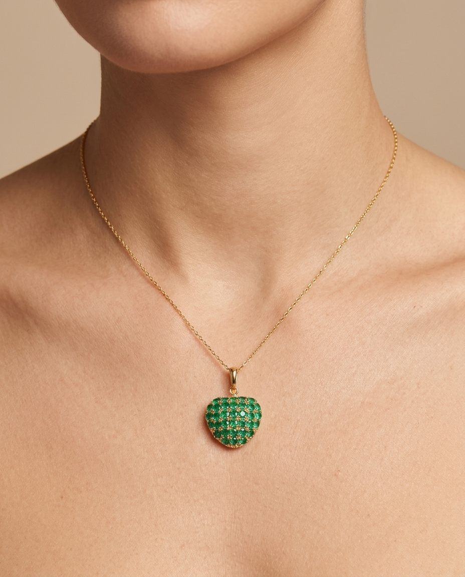 14KT Yellow Gold Emerald Round Heart Pendant on model