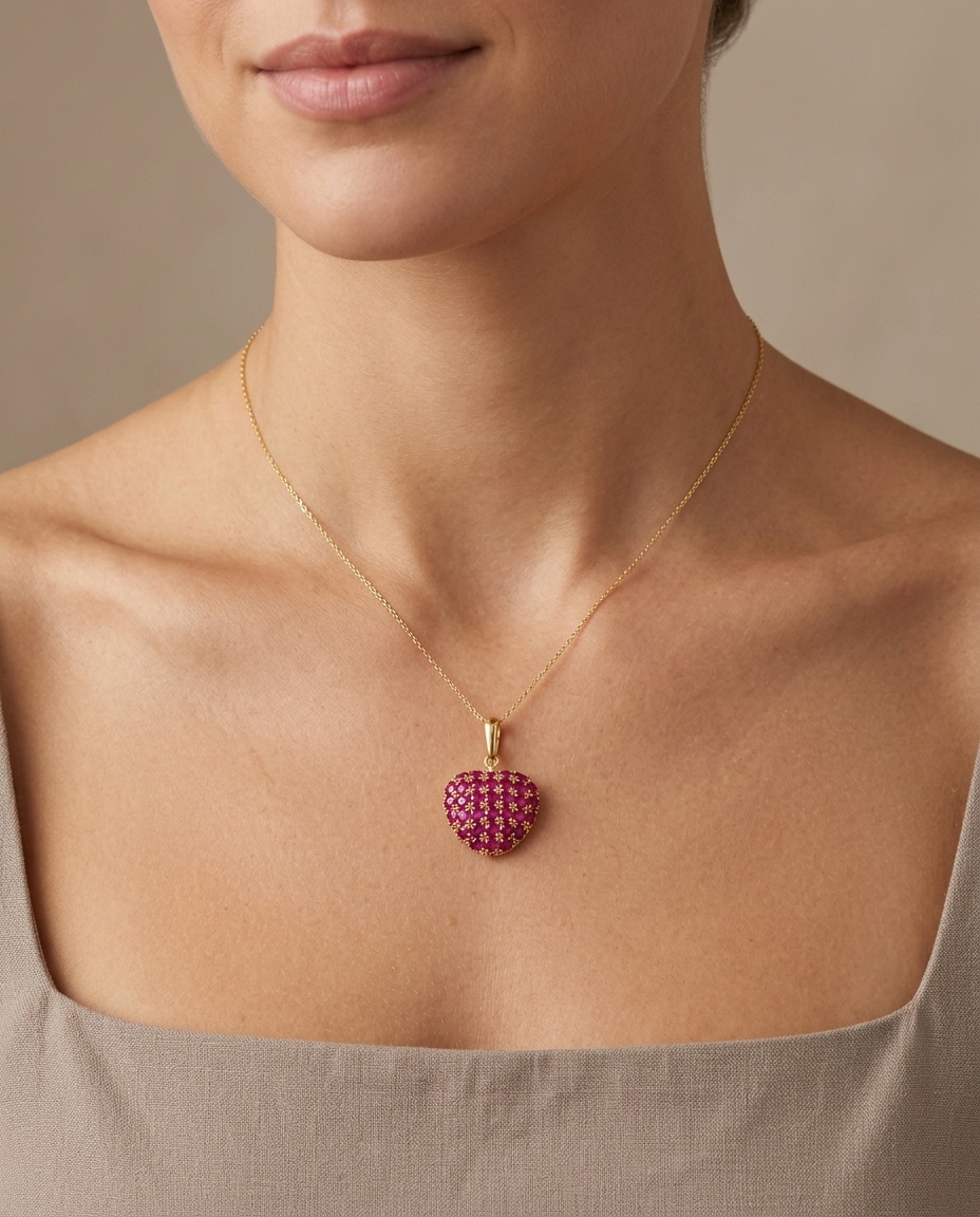 14KT Yellow Gold Ruby Round Heart Pendant on model