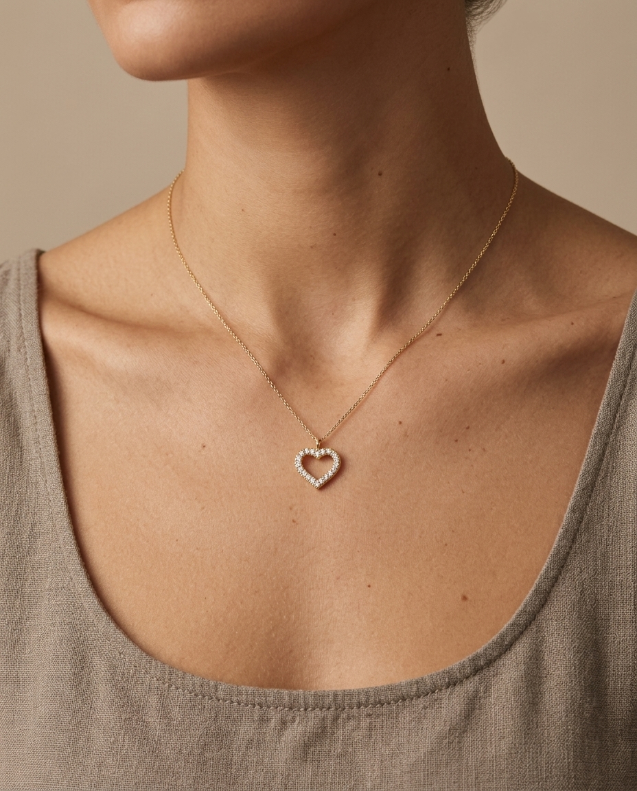 14KT Yellow Gold Heart Pendant with Diamonds on model