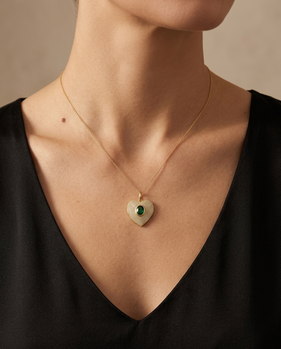 14KT Yellow Gold Green Sapphire Heart Pendant on model