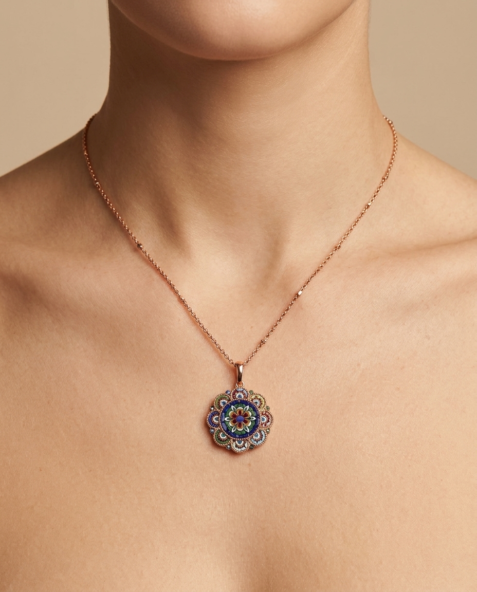 14KT Gold Flower Pendent with Diamonds on model