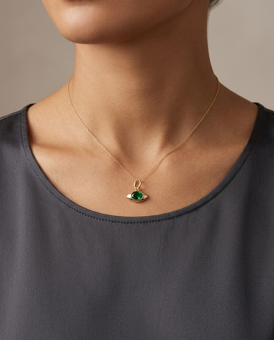 14KT Yellow Gold Emerald Evil Eye Pendant view 2