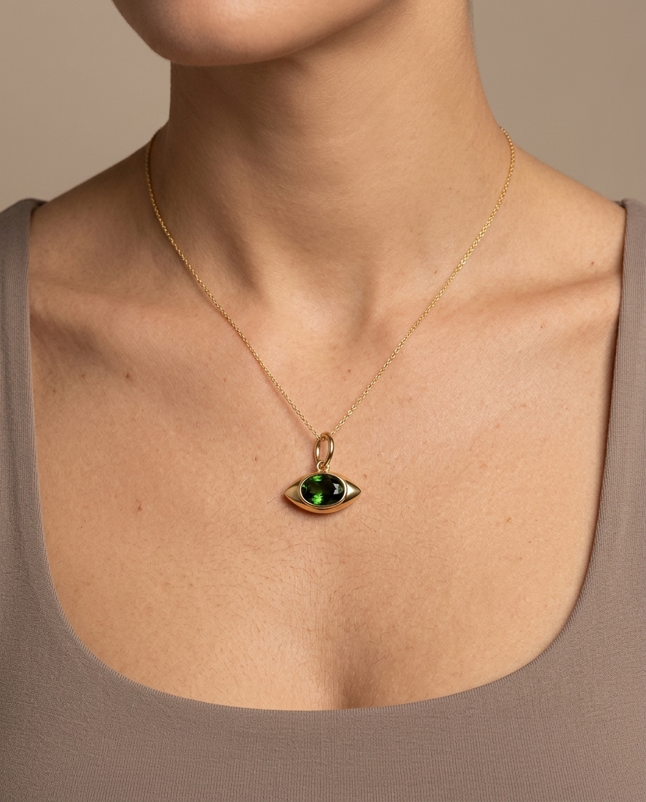 14KT Yellow Gold Green Sapphire Evil Eye Pendant view 2