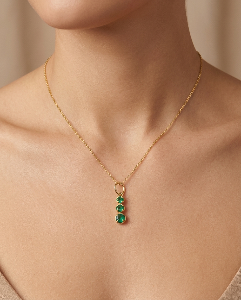 14KT Yellow Gold 3 Emerald Linear Pendant view 2