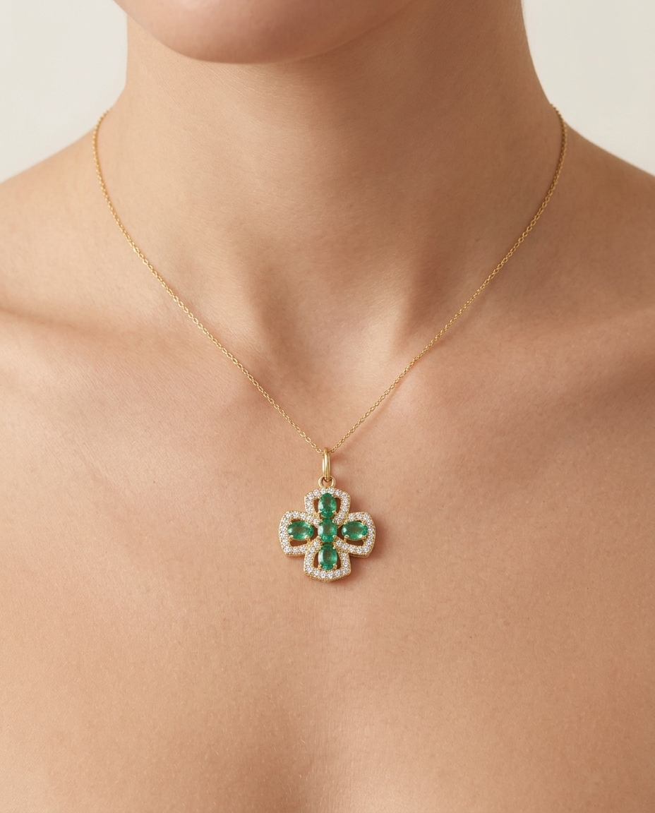 14KT Yellow Gold Emerald and Diamond Pendant on model