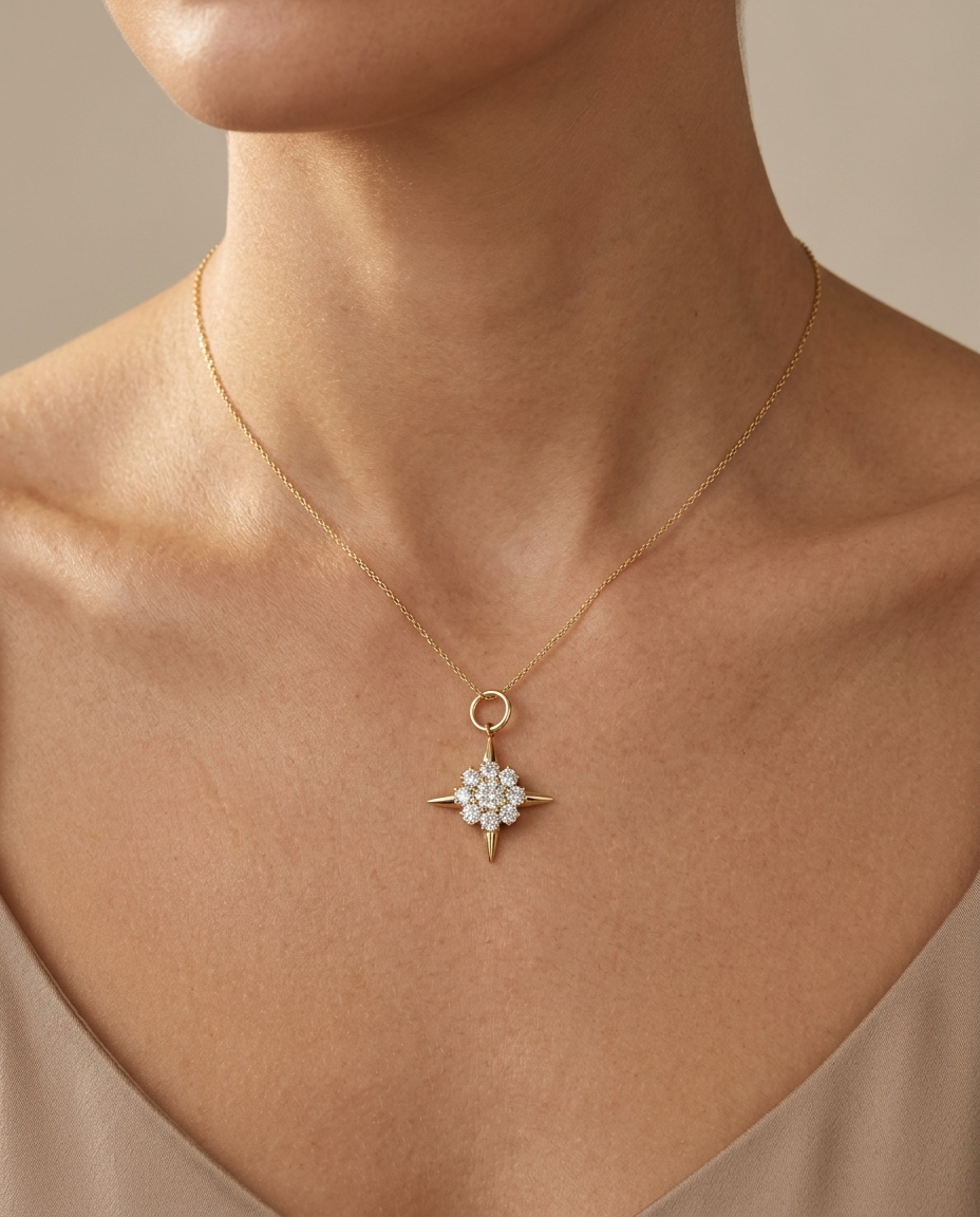 14KT Yellow Gold Champagne Diamonds Compass Pendent on model